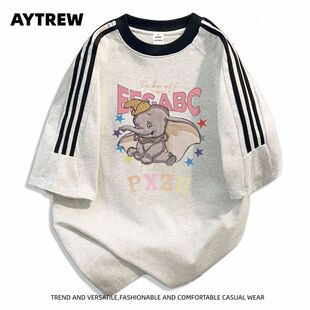 AYTREW美式休闲卡通小飞象印花短袖T恤男女款夏季纯棉三条杠上衣