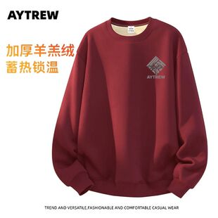 AYTREW冬季加绒保暖羊羔绒卫衣男女国潮印花潮牌圆领无帽红色外套