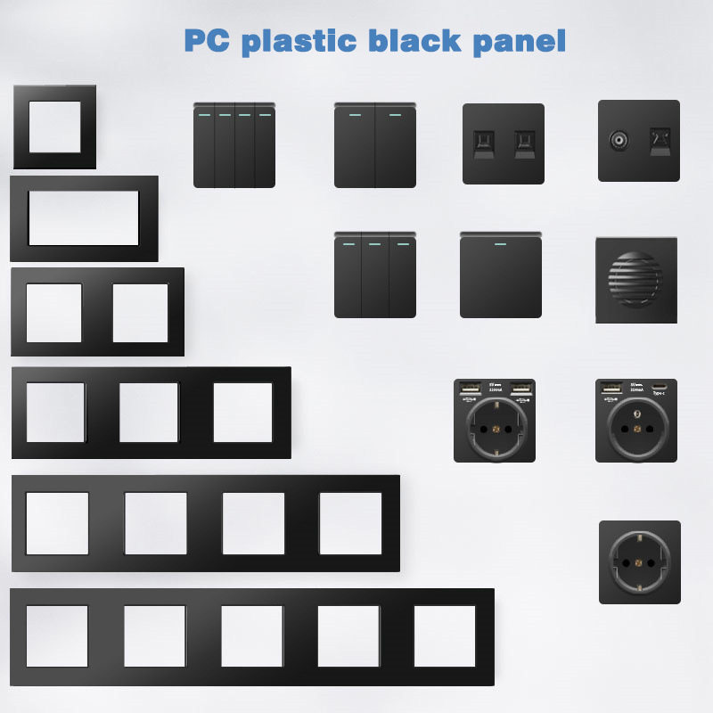 16A欧标法式欧规面板墙壁插座连体欧式带USB充电电源塑料黑色面板
