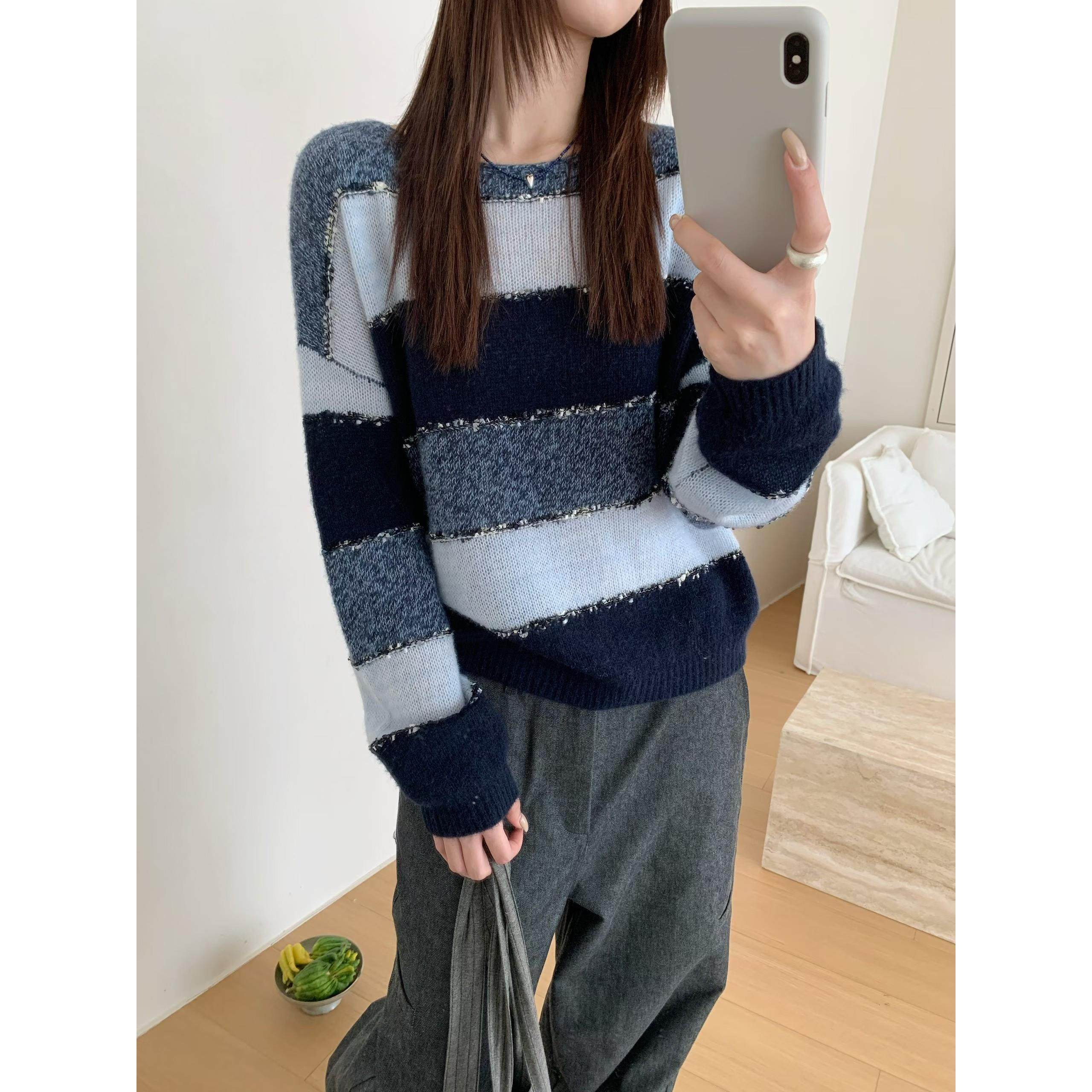 FH驼羊绒时尚圆领亮闪撞色条纹宽松针织衫女2025秋季新款慵懒毛衣,女装/女士精品,毛衣,淘宝优惠券,粉丝福利购,淘宝优惠卷