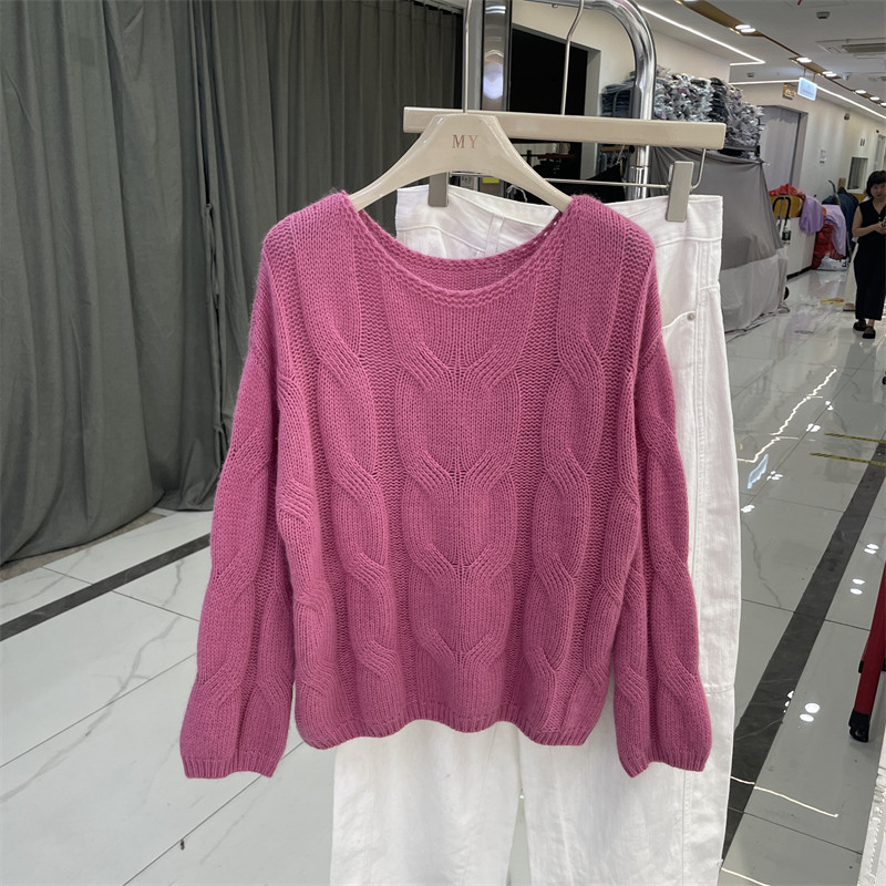 欧货9511一字领大麻花灯笼袖纯色细羊毛软糯套头针织衫毛衣女秋季