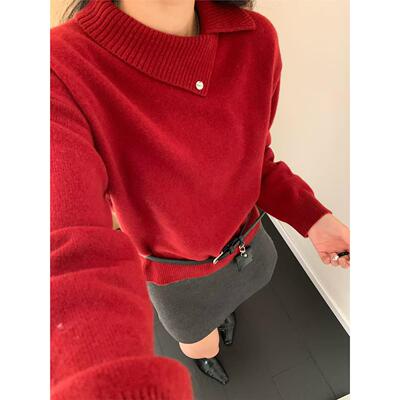 秋冬韩系全羊毛小翻领套头针织衫
