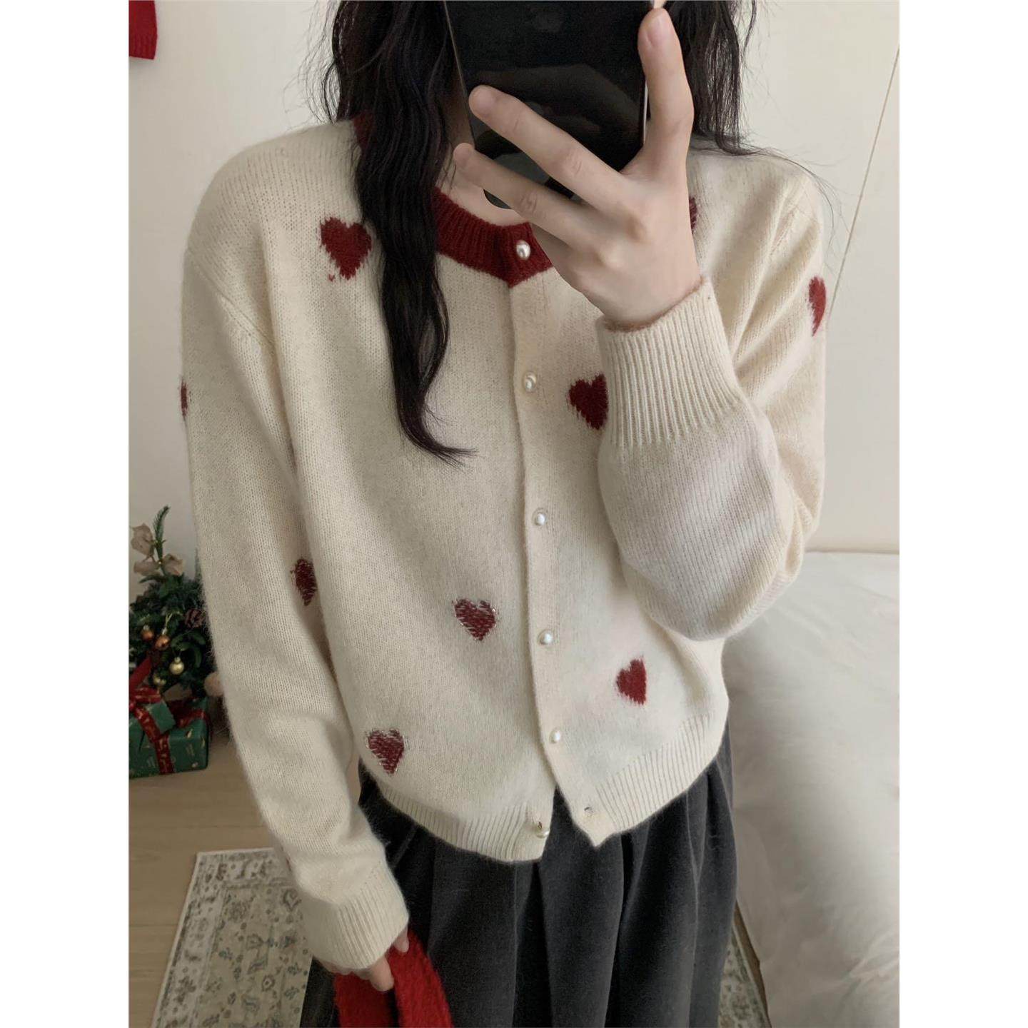 BADX爱心图案长袖骆驼绒针织衫女冬季撞色圆领单排扣毛衣外套,女装/女士精品,毛衣,淘宝优惠券,粉丝福利购,淘宝优惠卷