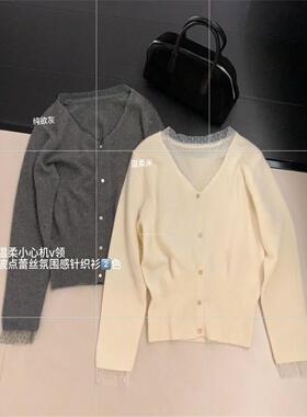 韩版冬季温柔小心机V领波点蕾丝收腰显瘦羊驼绒女针织套头衫89107