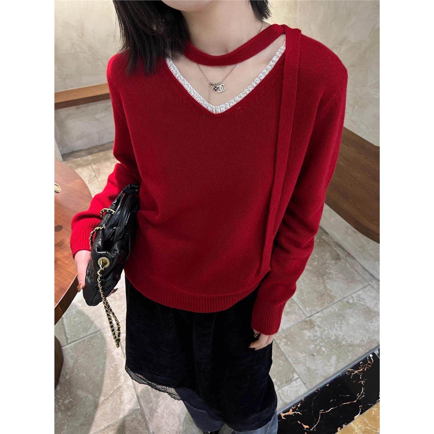 韩版V领蕾丝拼接挂脖飘带羊毛针织衫 2025冬新款高级洋气红色毛衣,女装/女士精品,毛衣,淘宝优惠券,粉丝福利购,淘宝优惠卷