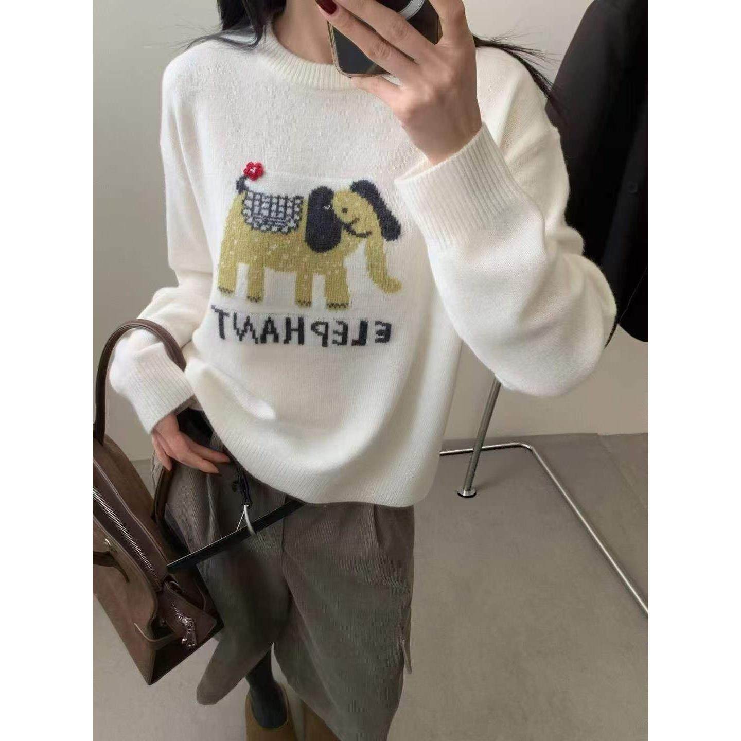 提花小象图案圆领2021冬季新款欧洲站羊毛针织衫洋气宽松百搭毛衣