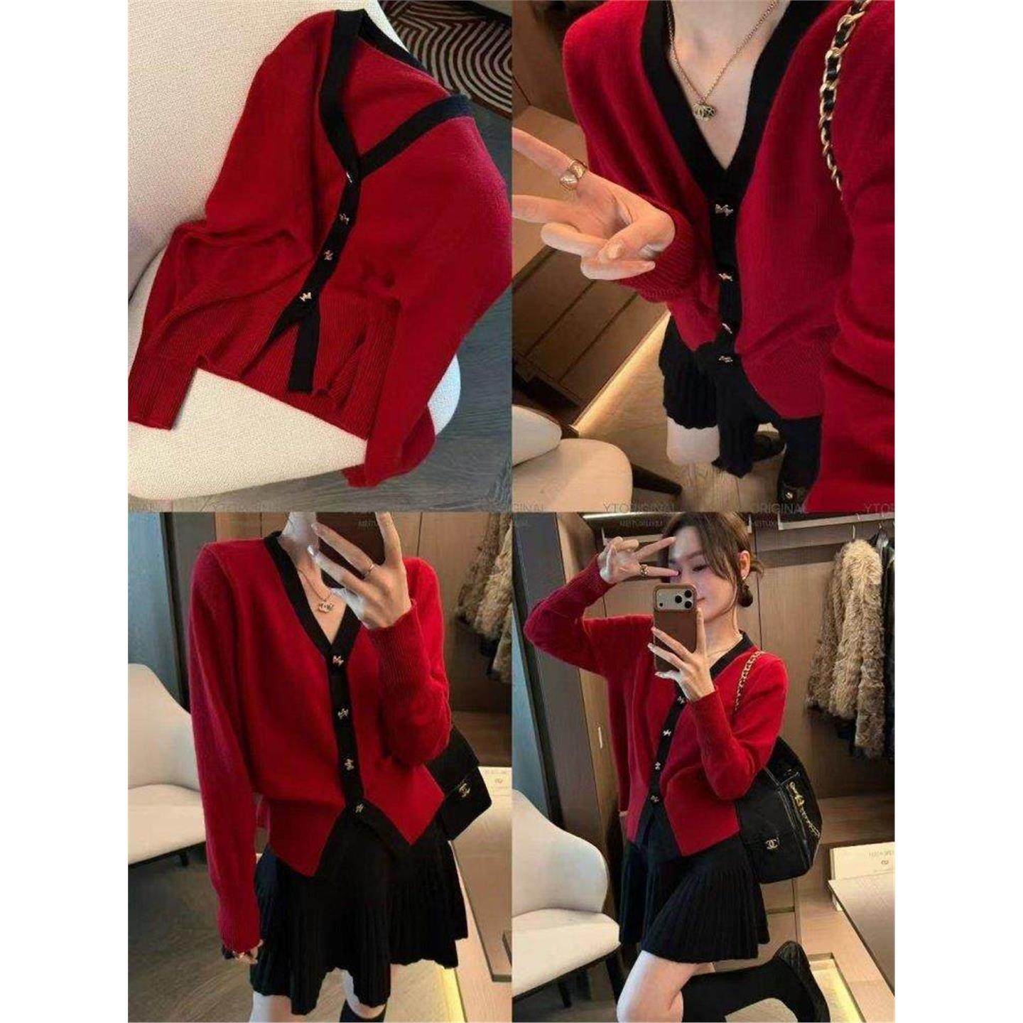 2025冬新款红色V领拼色纽扣针织开衫女修身显瘦小香红色毛衣外套,女装/女士精品,毛针织衫,淘宝优惠券,粉丝福利购,淘宝优惠卷