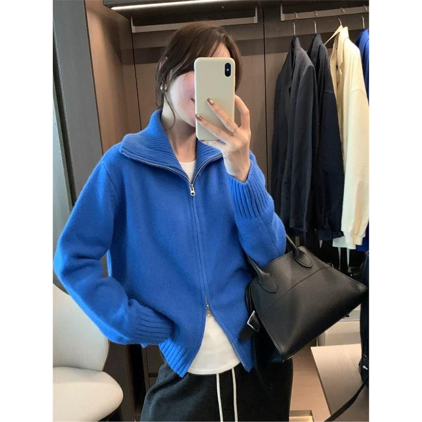 韩系翻领拉链针织开衫女毛衣外套