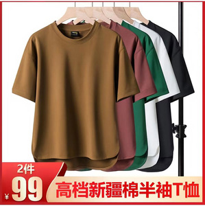 灵笃服饰新疆长绒棉短袖夏季男士纯色休闲半袖宽松大码圆领T恤衫