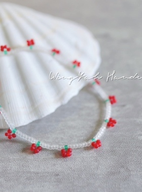 WingYah磨砂质感小樱桃串珠手链甜法式锁骨链俏皮可爱戒指套装