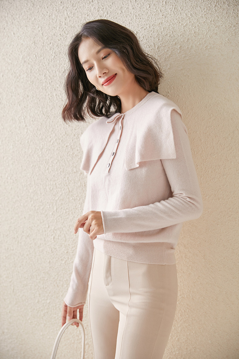 绒登自制纯羊绒100山羊绒康赛妮A级细绒海军领蝴蝶结女款羊绒衫
