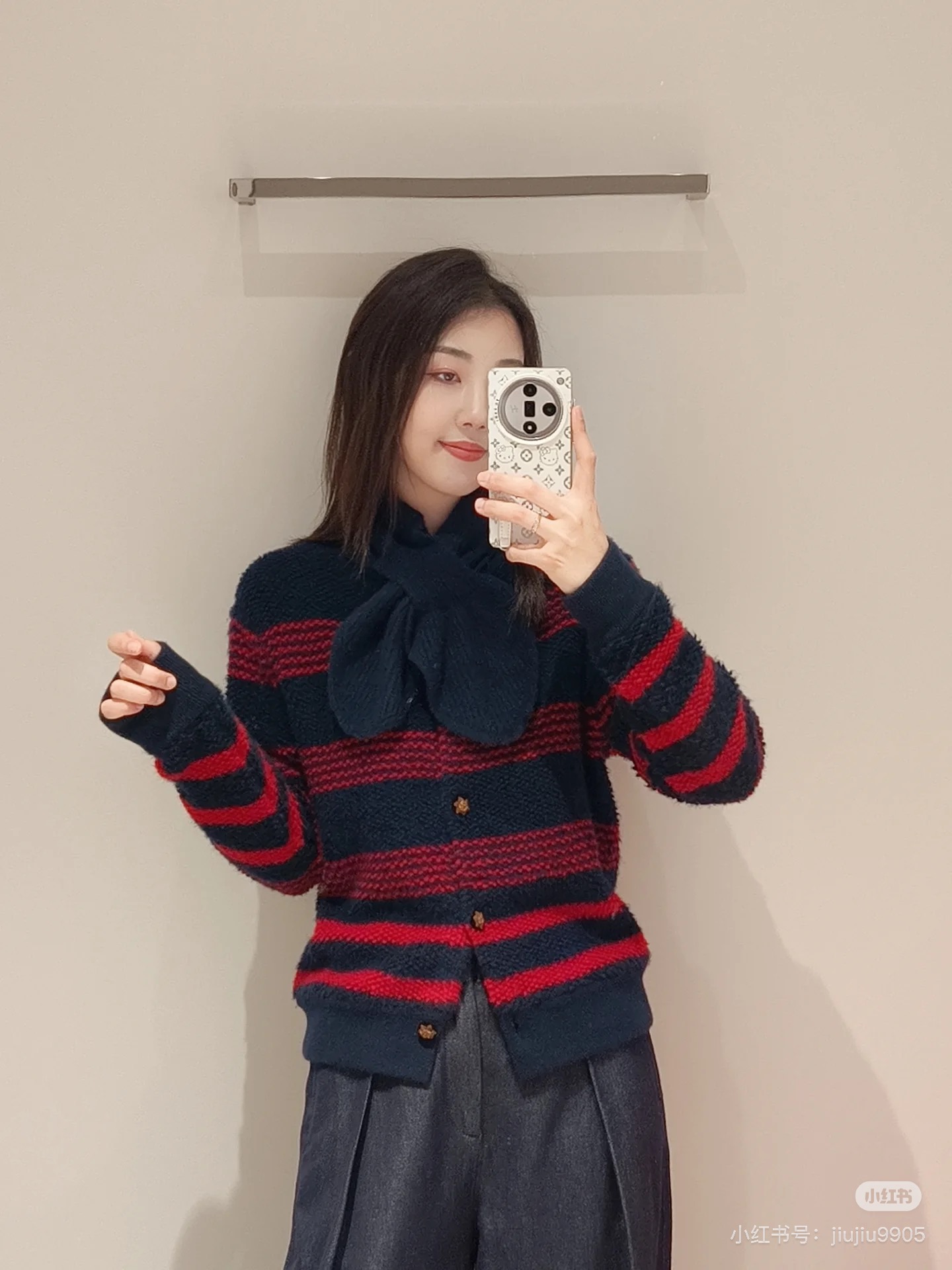 国货老牌原厂kvs*s100%山羊绒重磅一斤左右黑红条纹针织开衫