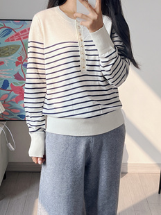 100%精纺羊毛扬子纱宽松圆领条纹海魂衫休闲薄打底衫