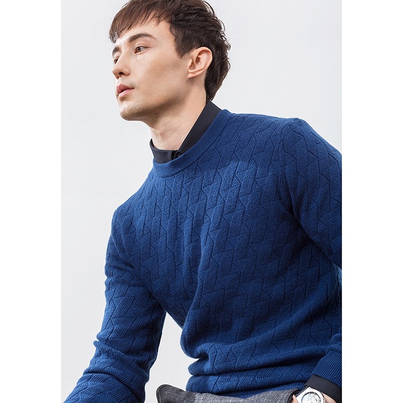 绒登自制康赛妮纯羊绒100山羊绒男款圆领席纹毛衣秋冬