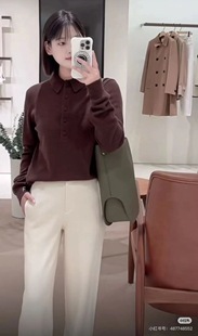 小禾原纱100山羊绒正肩经典polo领砖红色羊绒衫女