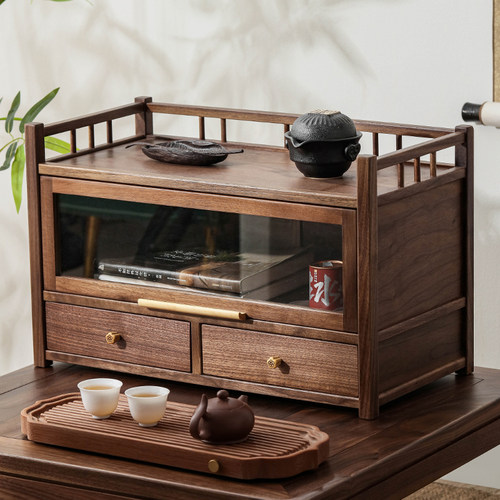 雨墨轩胡桃木茶具收纳柜双抽屉