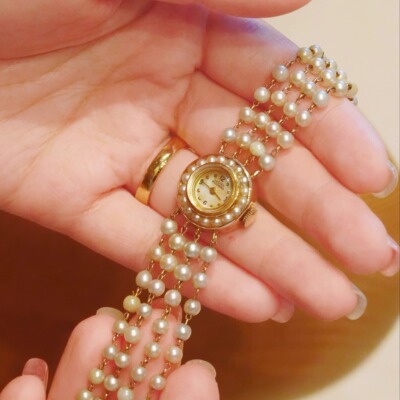 中古14k金天然珍珠设计链条机械表 卢森+皮卡尔