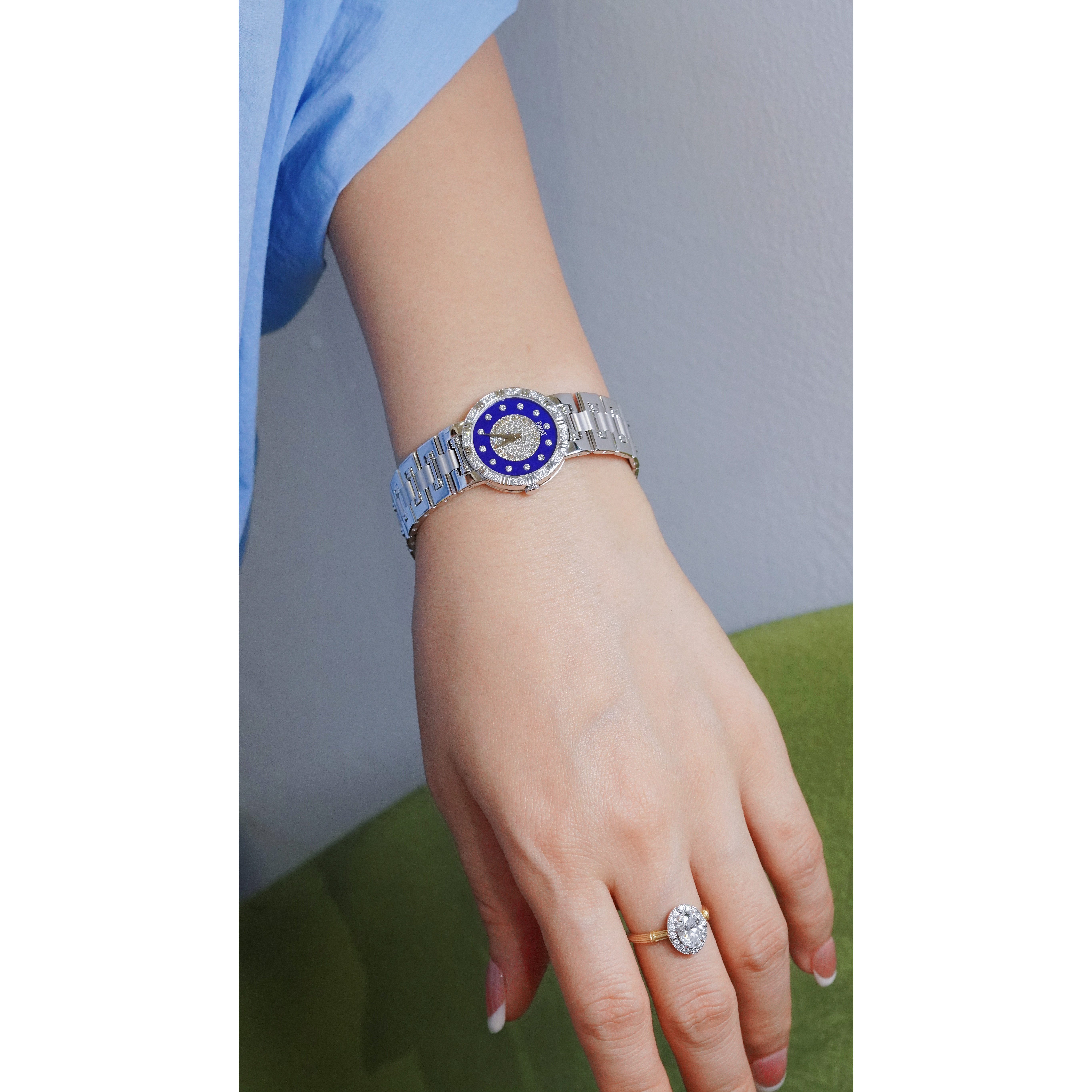 伯家 中古18k｜清爽白金青金石盘满天星石英表17cm*23.5mm