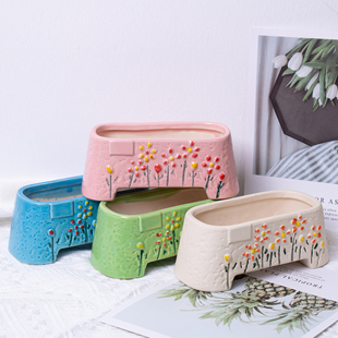 多肉花盆手绘长方形花盆陶瓷简约多肉植物园花盆zakka多肉绿植