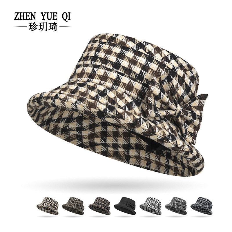 秋冬季方格纹复古文艺中老年帽子布料妈妈盆帽户外百搭气质