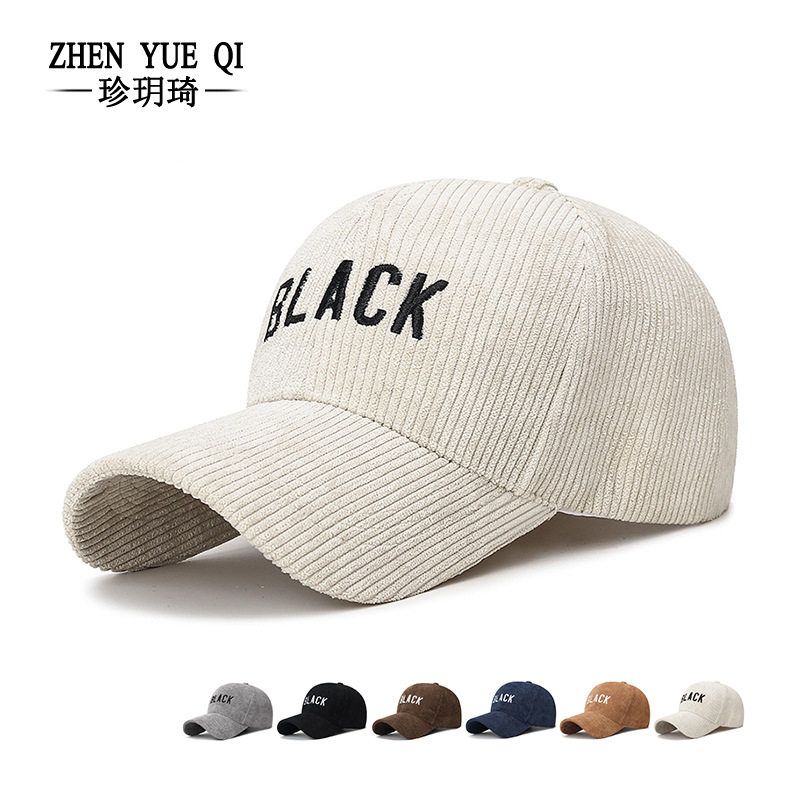 秋冬新款条纹灯芯绒鸭舌帽男女士BLACK字母情侣显脸小棒球帽跨境