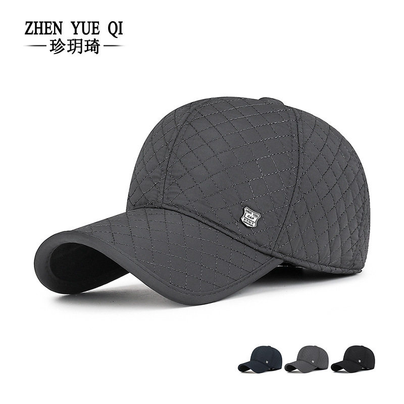 男士秋冬加绒加厚护耳防寒保暖棒球帽时尚菱格刺绣盾标鸭舌棉帽子