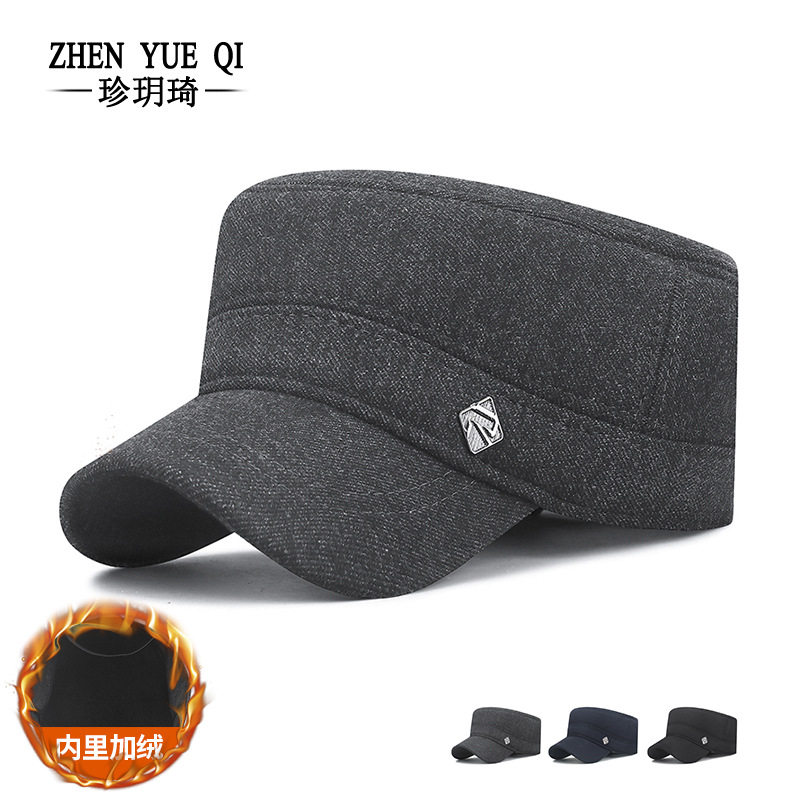 冬季新款斜纹呢子加绒保暖平顶帽子男士中老年人户外防风护耳