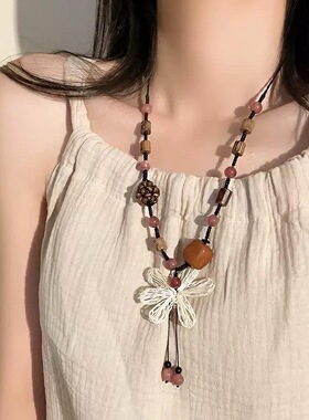 新中式花朵手工串珠项链民族风复古波西米亚木珠高级感长款编绳