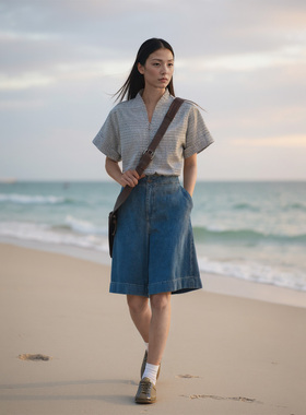 COMMON VALUE「 灵 Nav」新中式禅意领t体恤 半拉链格子卷袖上衣