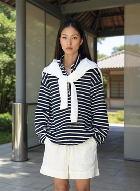 COMMON VALUE「 禀 ⊙」蓝白条纹立领上衣全棉肌理感宽松长袖卫衣