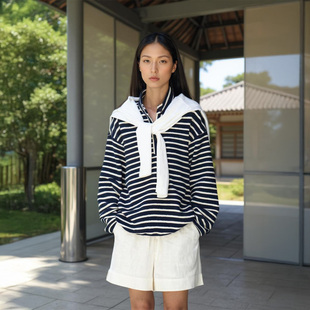 ⊙」蓝白条纹立领上衣全棉肌理感宽松长袖 禀 卫衣 VALUE「 COMMON