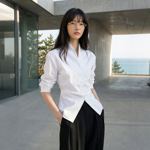 COMMON VALUE 新中式禅意立领长袖收腰修身衬衣女通勤内搭白衬衫