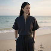 VALUE「 灵 Nav」新中式 COMMON 禅意领上衣半拉链卷袖 极简百搭T恤