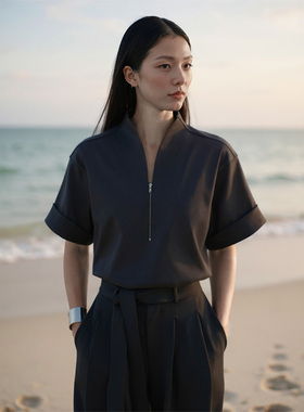 COMMON VALUE「 灵 Nav」新中式禅意领上衣半拉链卷袖极简百搭T恤