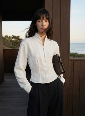 COMMON VALUE「云收腰」春季禅意领半拉链上衣智感通勤修身白衬衫