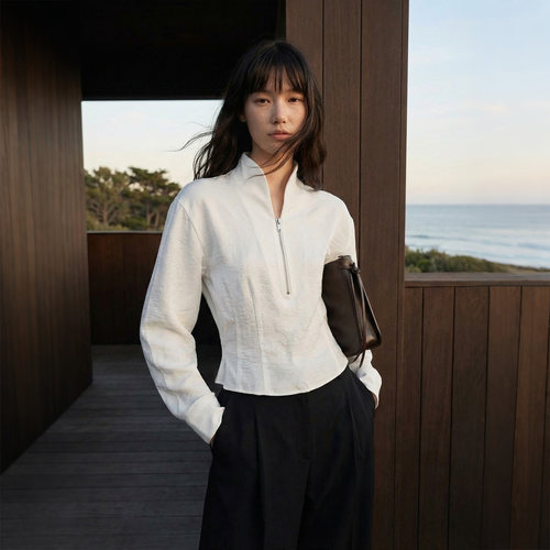 COMMON VALUE「云收腰」春季禅意领半拉链上衣智感通勤修身白衬衫