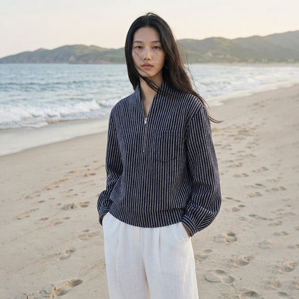 COMMON VALUE「 龛 Niche 」日本进口法兰绒 半拉链禅意条纹卫衣