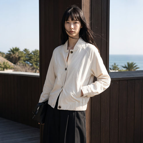 COMMON VALUE「素柘」秋季新款单排扣立领压褶宽松插肩夹克外套女