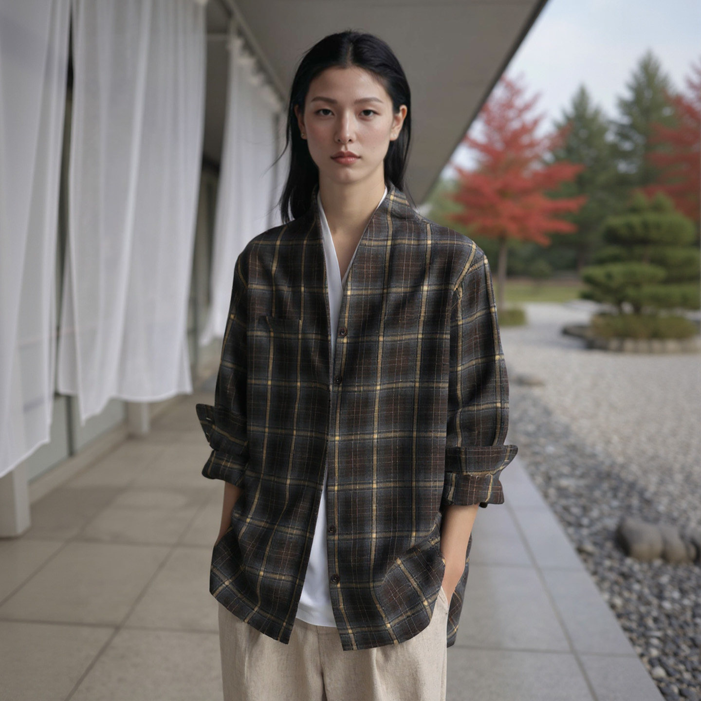 新中式禅意领衬衣格纹宽松衬衫