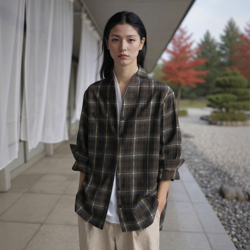 新中式禅意领衬衣格纹宽松衬衫