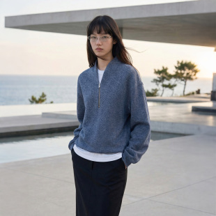⊙」新中式 COMMON VALUE「 禀 牛仔纹半拉链宽松卫衣 禅意针织绒衫