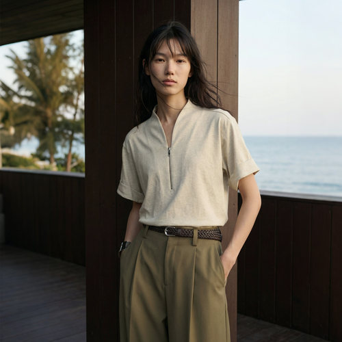 新中式禅意领上衣半拉链极简T恤
