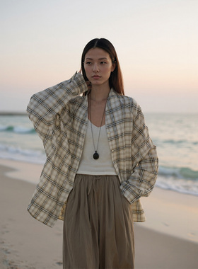 COMMON VALUE「 灵 Nav」新中式禅意领衬衣 格子连袖宽松防晒衬衫