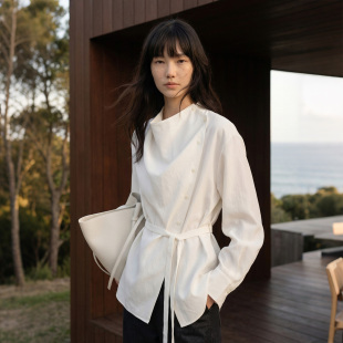 春季 COMMON 衬衫 系带侧扣荡领斜襟长袖 圆领收腰小众白衬衣 VALUE