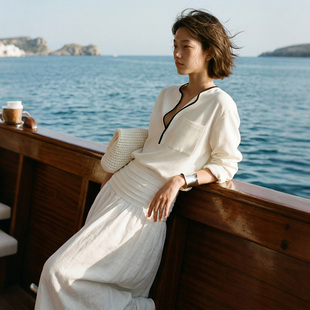 新款 撞色半开襟贴袋上衣通勤白T恤女 VALUE「墨镶笺」夏季 COMMON