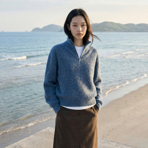 山羊绒针织立领拉链保暖毛衫上衣