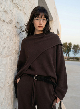 COMMON VALUE「 灵 Nav」围巾式针织圆领上衣 极简宽松长袖绒衫