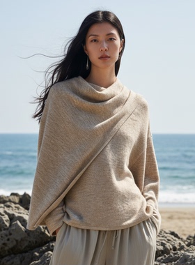 COMMON VALUE「 灵 Nav」围巾式针织圆领上衣 极简宽松长袖绒衫