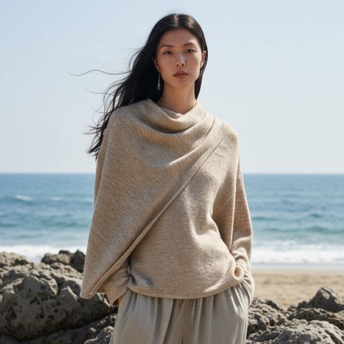 围巾式针织圆领上衣极简长袖绒衫