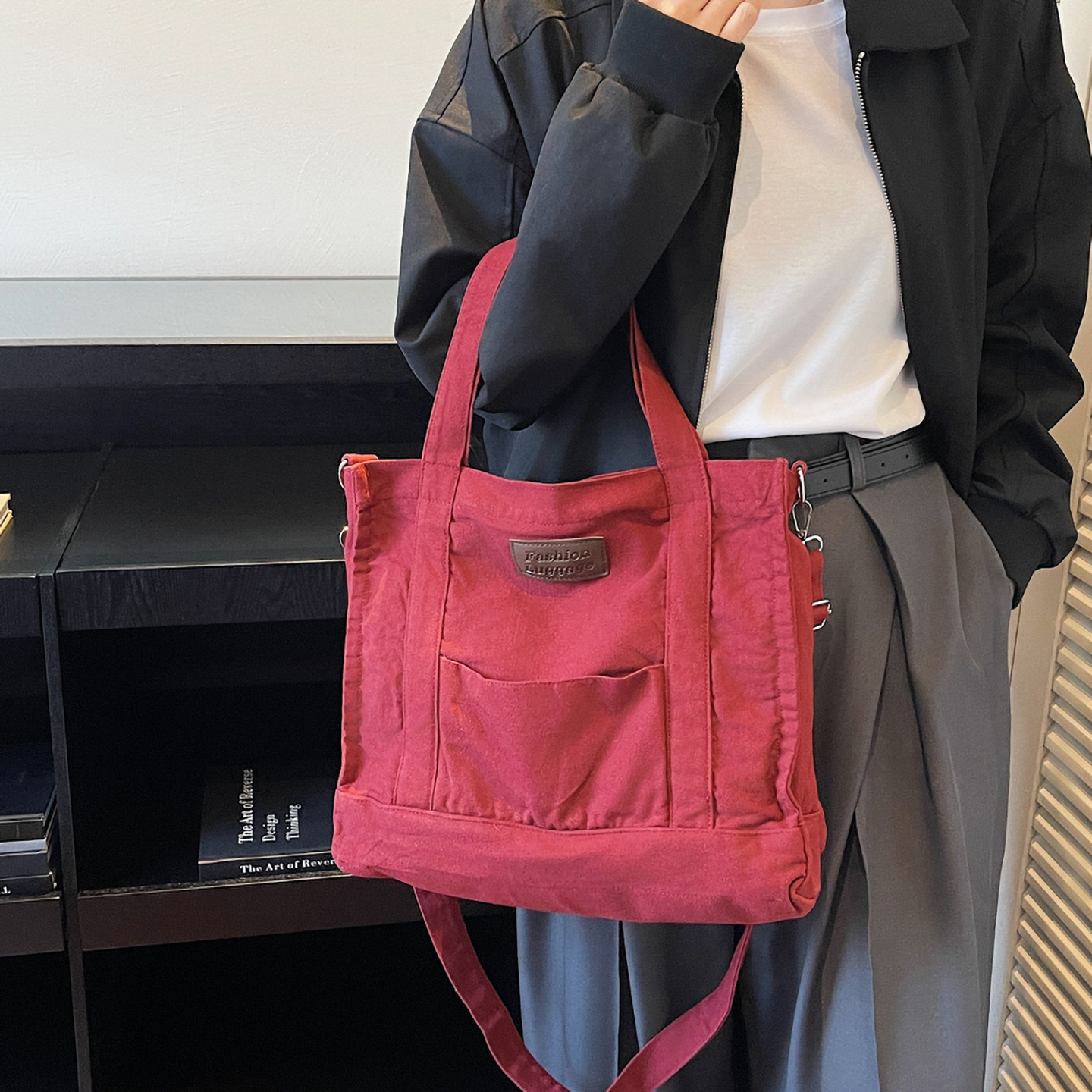 红色帆布托特包女大容量单肩斜挎包休闲简约手提包学生上课通勤包